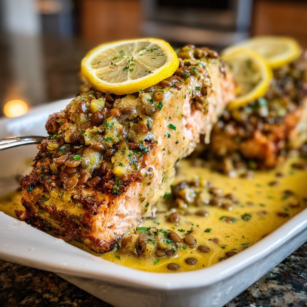 Baked Salmon Lentils Lemon Sauce
