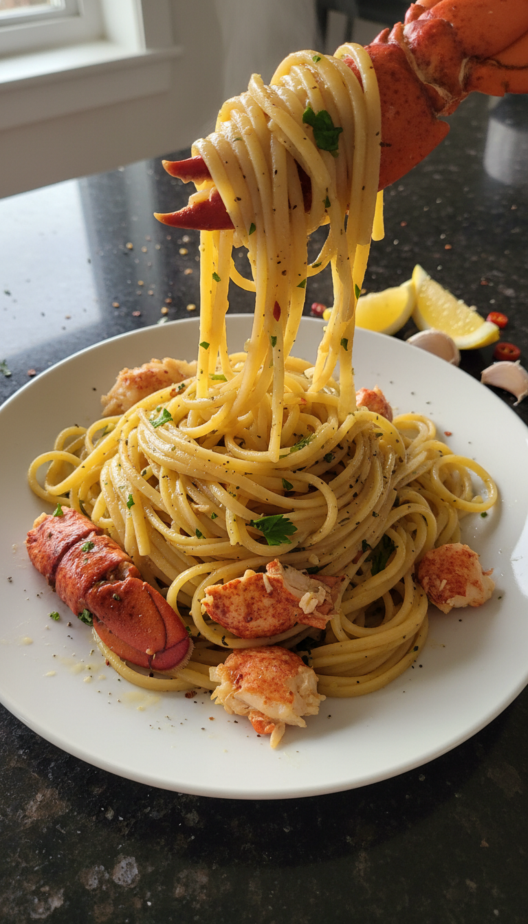 Lemon Garlic Lobster Linguine
